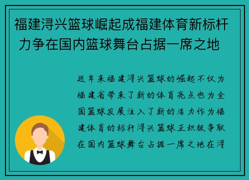 福建浔兴篮球崛起成福建体育新标杆 力争在国内篮球舞台占据一席之地